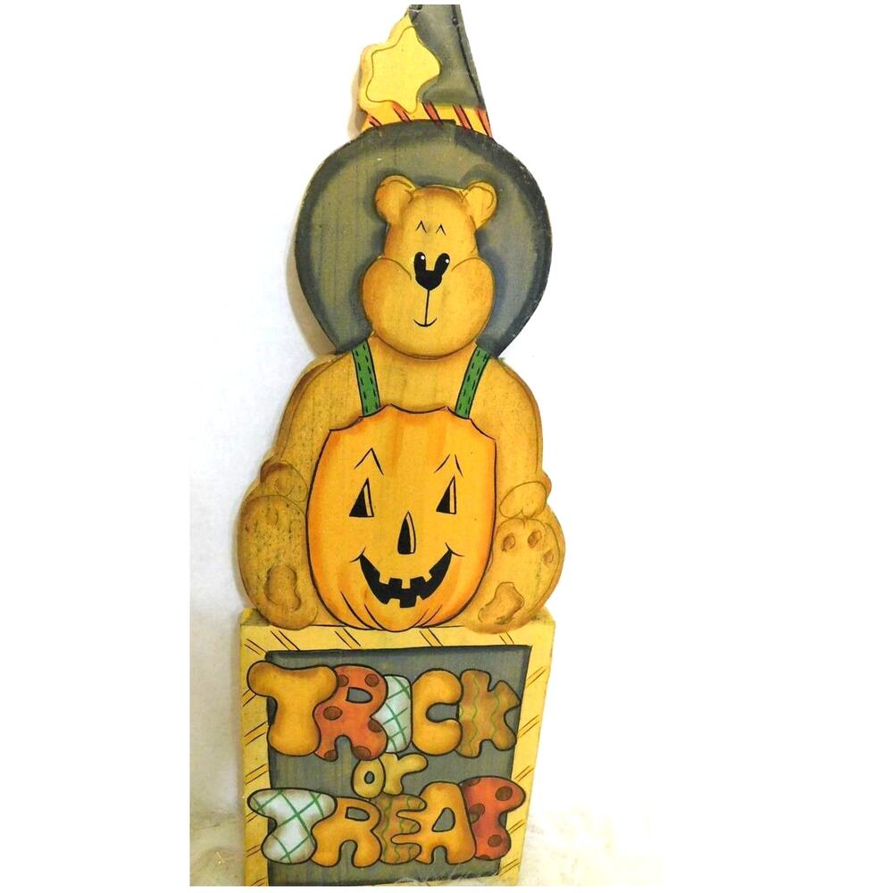 Halloween Pumpkin Trick or Treat Teddy Bear Wood Plaque